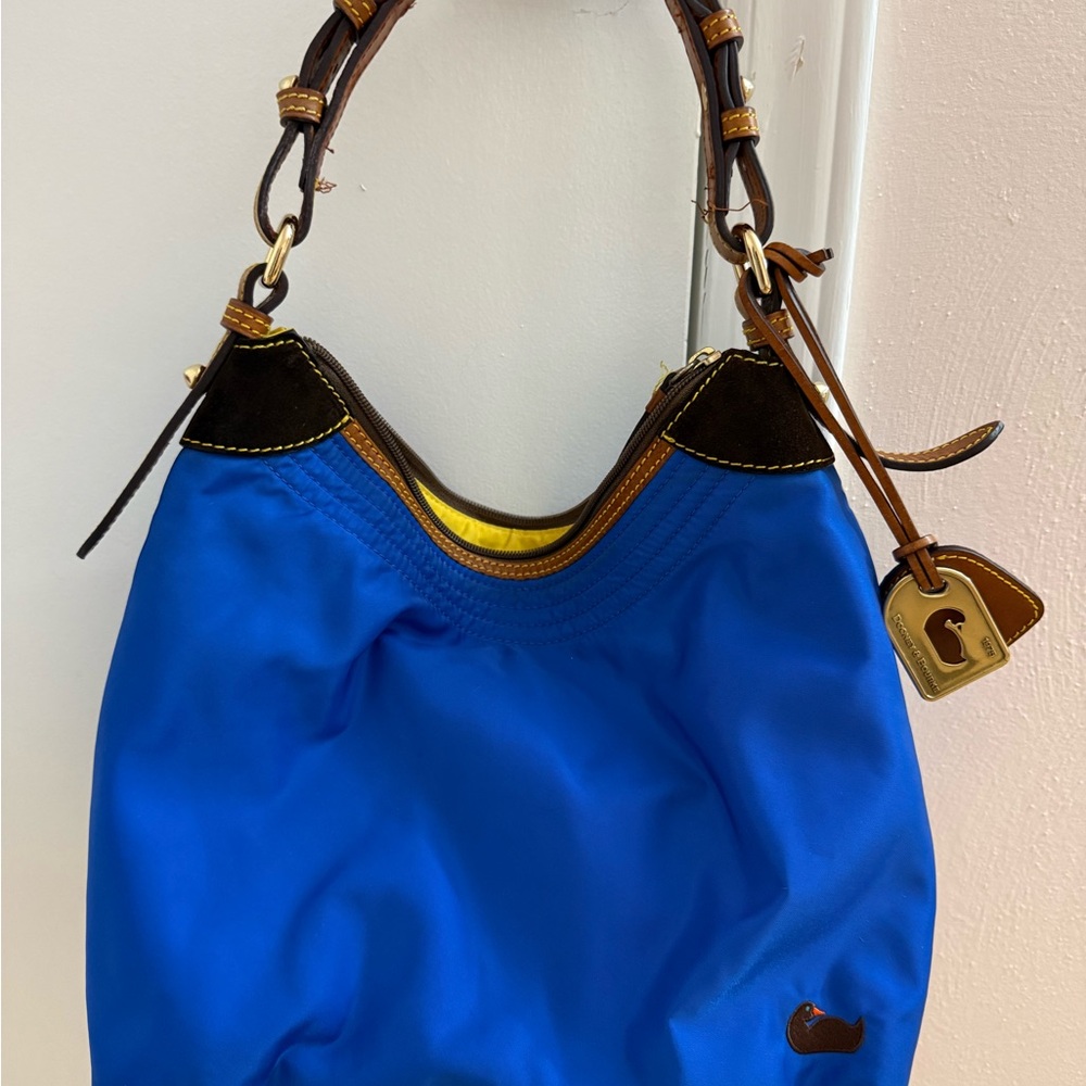 Dooney & Bourke Large Erica Top Handle Shoulder Bag Leather Trim Blue Gold